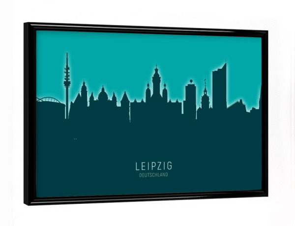 Poster mit schwarzem Rahmen "Leipzig Germany Skyline Glow Teal" artboxONE - Städte
