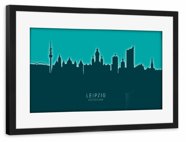 Poster mit Rahmen schwarz "Leipzig Germany Skyline Glow Teal" artboxONE - Städte