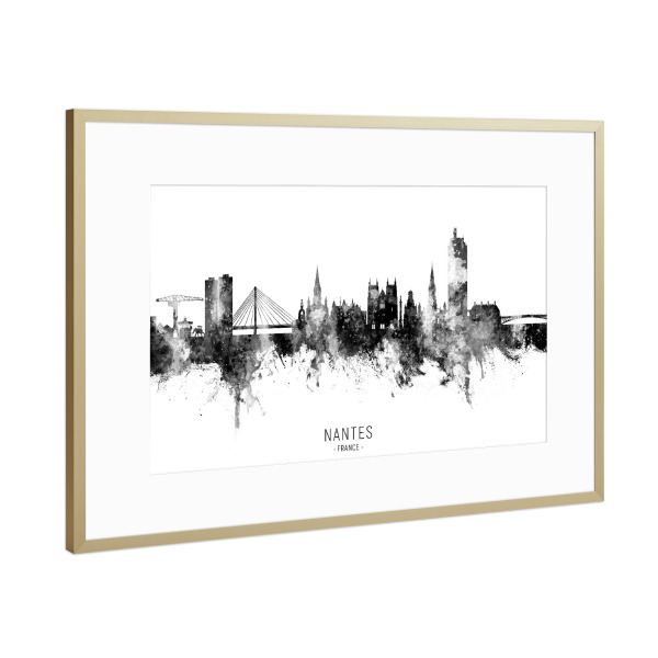 Poster mit Rahmen Gold "Nantes France Skyline BW Text" artboxONE - Städte