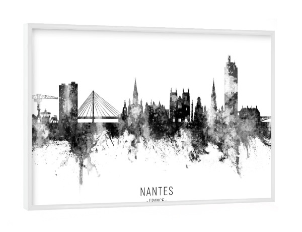 Poster mit weißem Rahmen "Nantes France Skyline BW Text" artboxONE - Städte