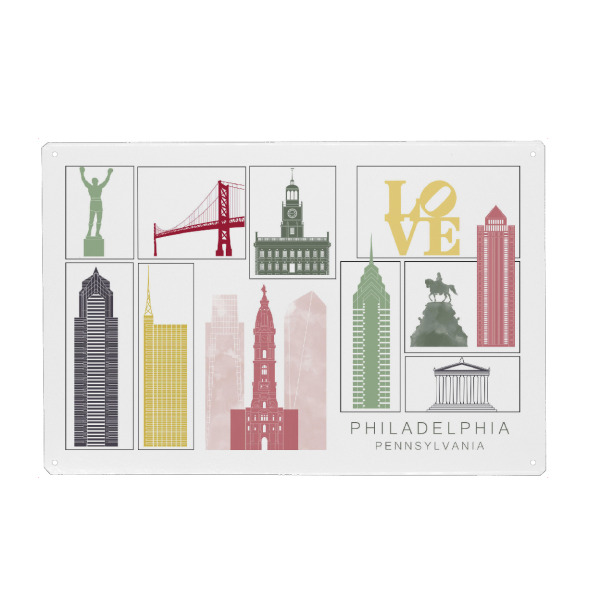 Holzbild "Philadelphia skyline burgundy" artboxONE - Städte,Reise,Architektur,Kartografie
