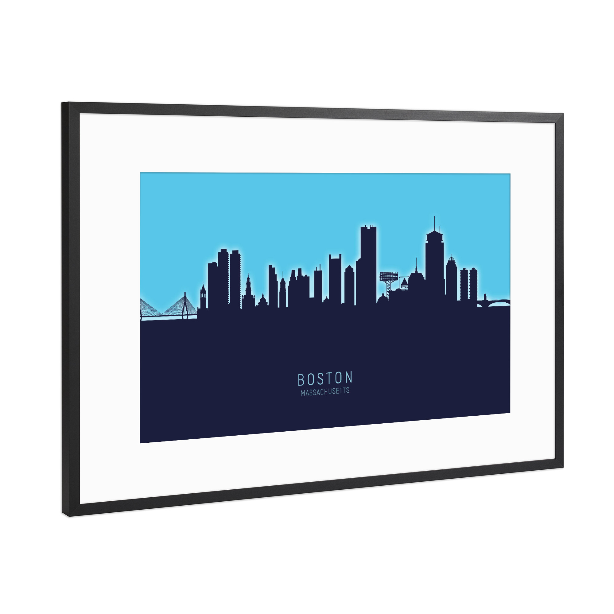 Poster mit Rahmen Schwarz (Metallic) "Boston Skyline Glow Blue" artboxONE - Städte,Städte / Boston