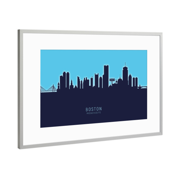 Poster mit Rahmen Silber "Boston Skyline Glow Blue" artboxONE - Städte,Städte / Boston
