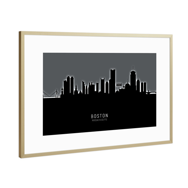 Poster mit Rahmen Gold "Boston Skyline Glow White" artboxONE - Städte,Städte / Boston