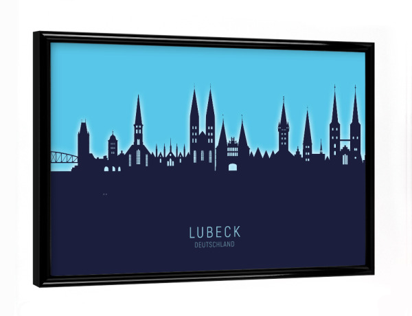 Poster mit schwarzem Rahmen "Lubeck Germany Skyline Glow Blue" artboxONE - Städte