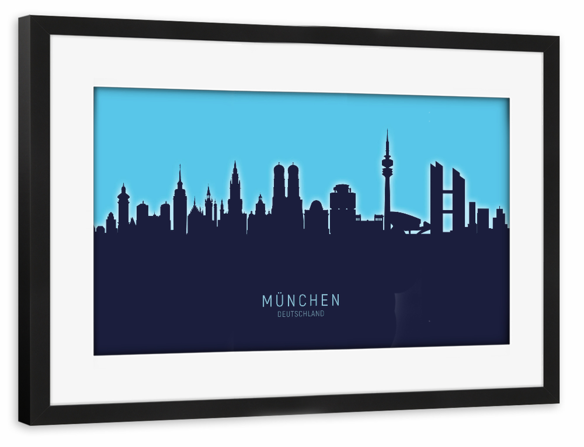 Poster mit Rahmen schwarz "Munich Germany Skyline Glow Blue" artboxONE - Städte