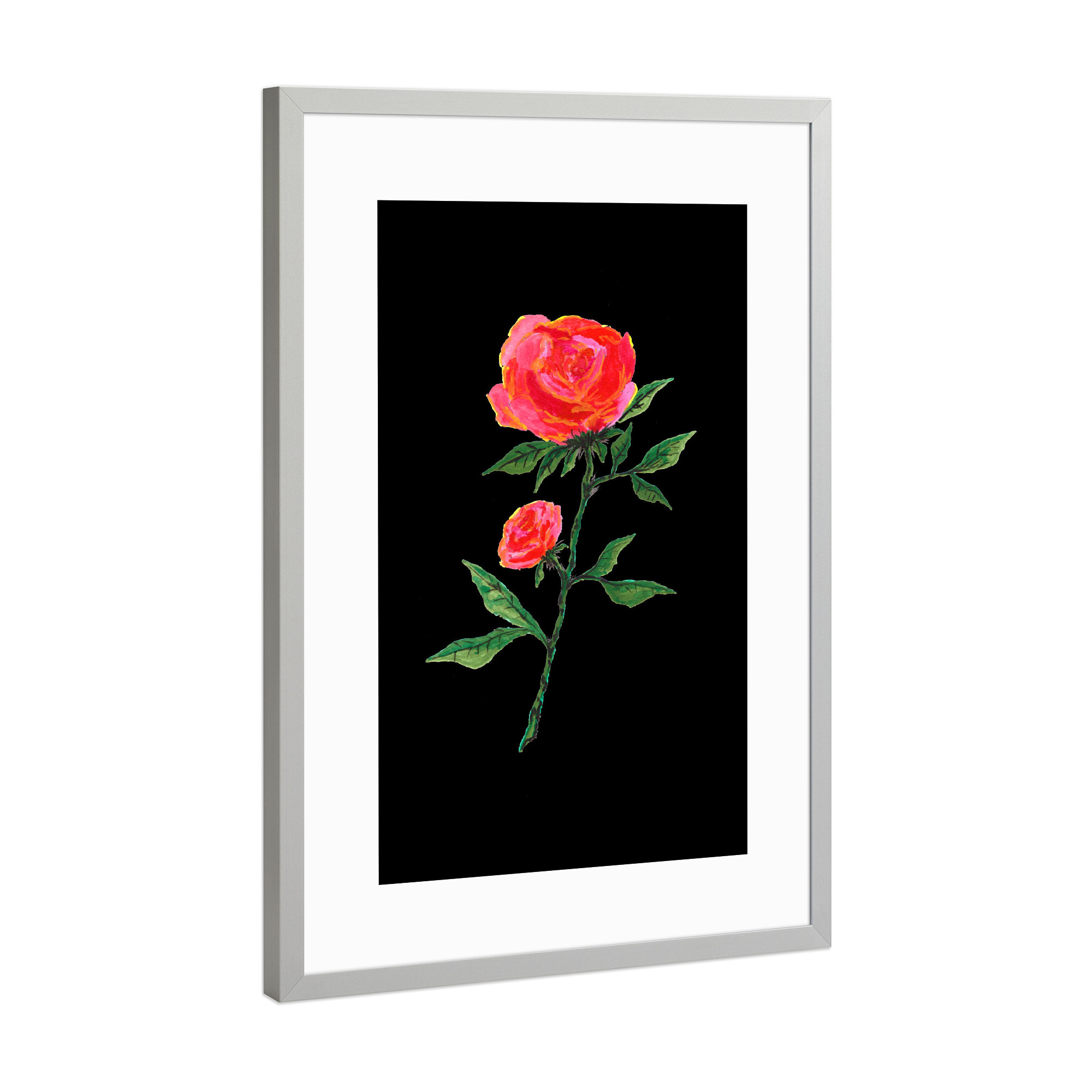 Poster mit Rahmen Silber "Red Rose Watercolor on Black" artboxONE - Floral,Liebe