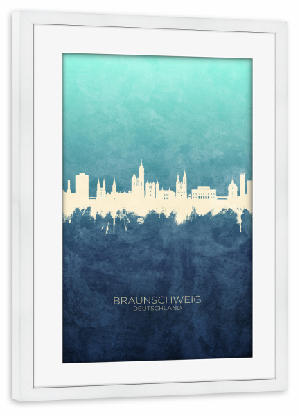 Poster mit Rahmen weiß "Braunschweig Skyline NavyCyan" artboxONE - Städte