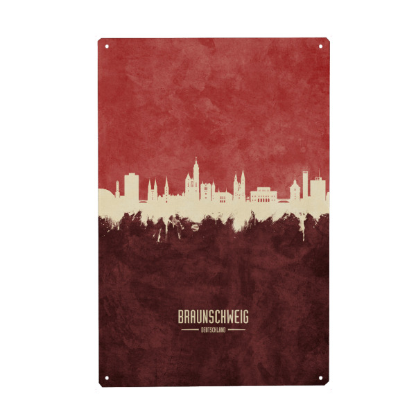 Holzbild "Braunschweig Skyline Dark Red" artboxONE - Städte - Braunschweig,Deutschland,Skyline,Cityscape,Stadtbild,Watercolor,Painting,Germany