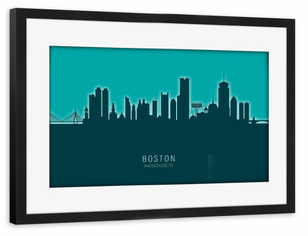 Poster mit Rahmen schwarz "Boston Skyline Glow Teal" artboxONE - Städte,Städte / Boston