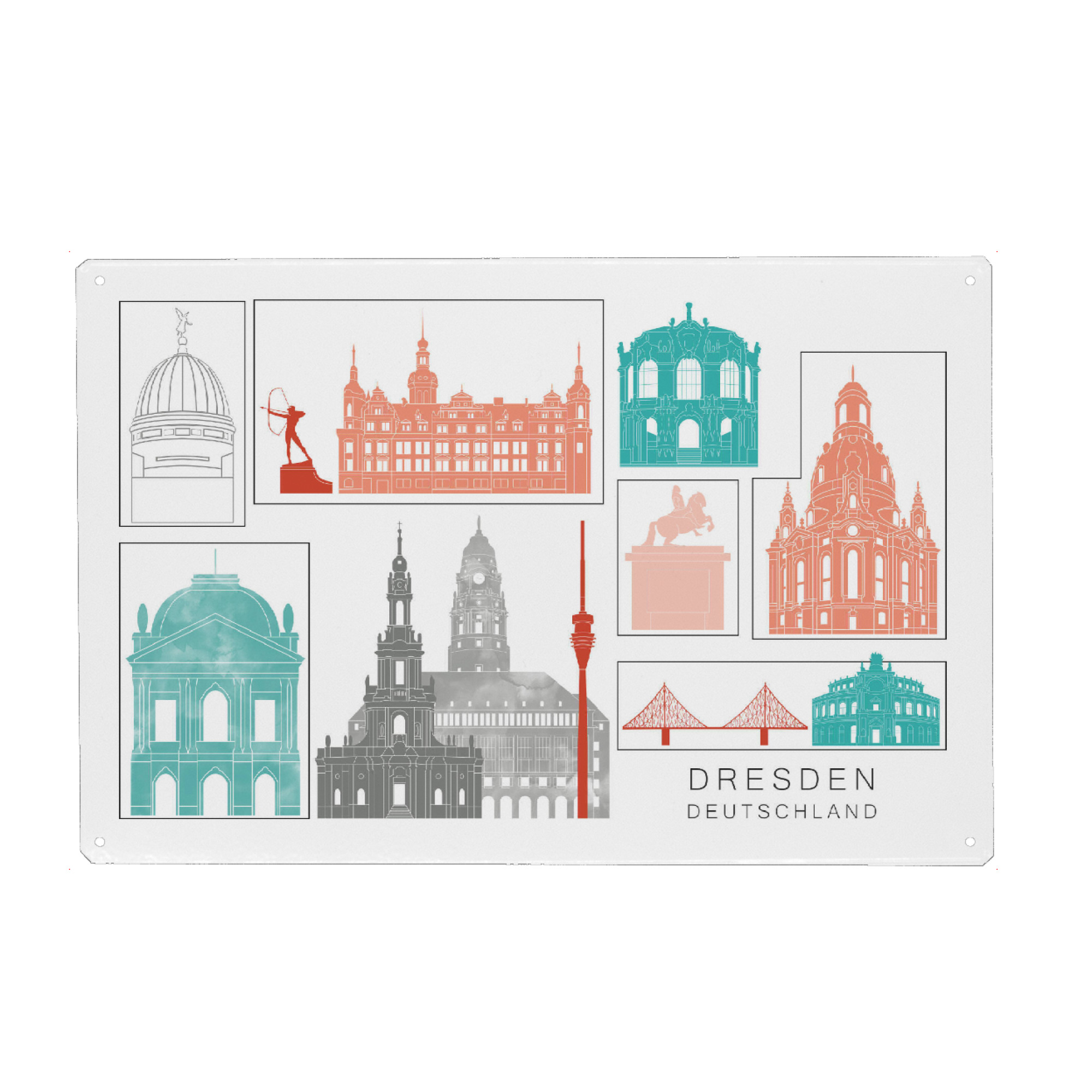 Holzbild "Dresden skyline coral" artboxONE - Städte,Reise,Architektur,Städte / Dresden,Kartografie