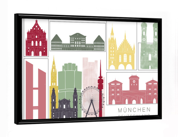 Poster mit schwarzem Rahmen "Munich skyline, burgundy" artboxONE - Städte,Städte / München,Reise,Architektur,Kartografie