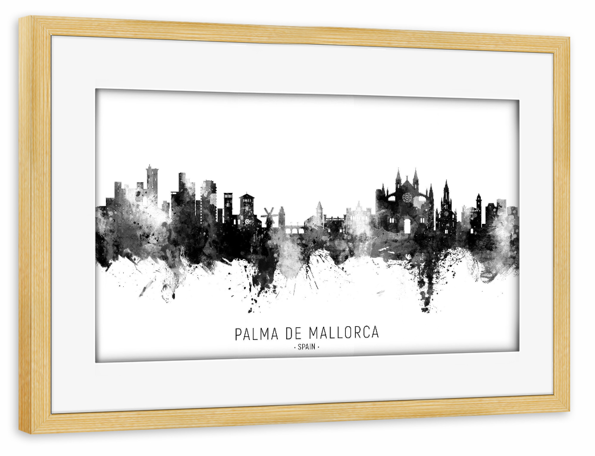 Poster mit Rahmen kiefer "Palma de Mallorca Skyline BW Text" artboxONE - Städte