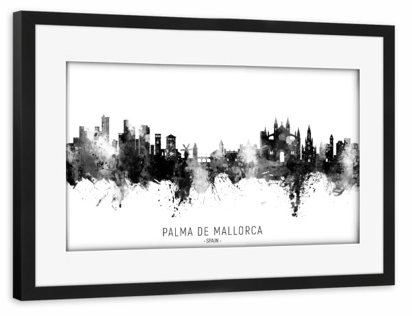Poster mit Rahmen schwarz "Palma de Mallorca Skyline BW Text" artboxONE - Städte