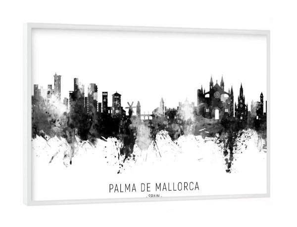 Poster mit weißem Rahmen "Palma de Mallorca Skyline BW Text" artboxONE - Städte