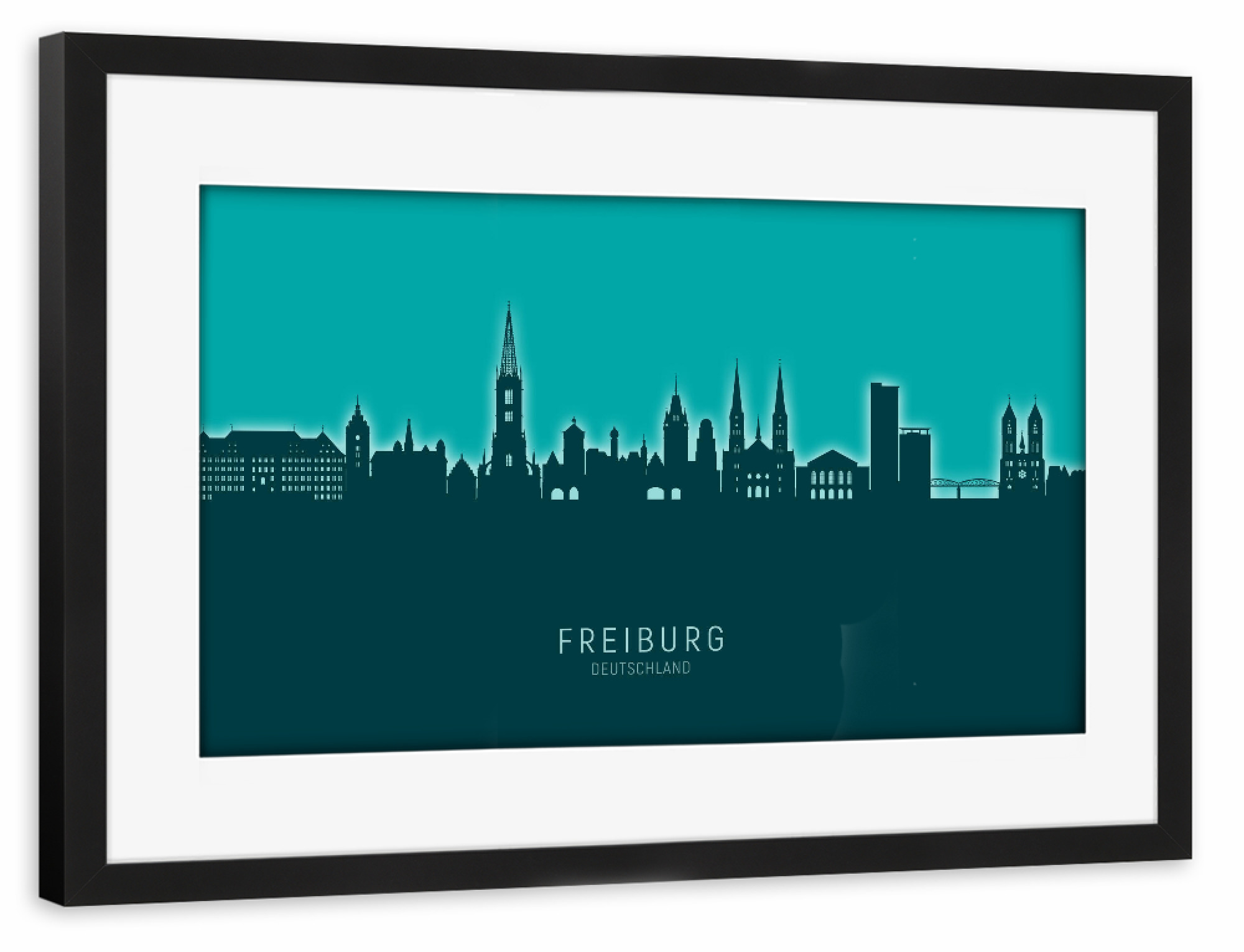 Poster mit Rahmen schwarz "Freiburg Germany Skyline Glow Teal" artboxONE - Städte