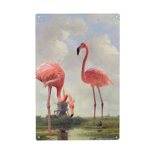 Holzbild "FISHING WITH FLAMINGOS" artboxONE - Für Kinder,Tiere,Fiktion,Lustig