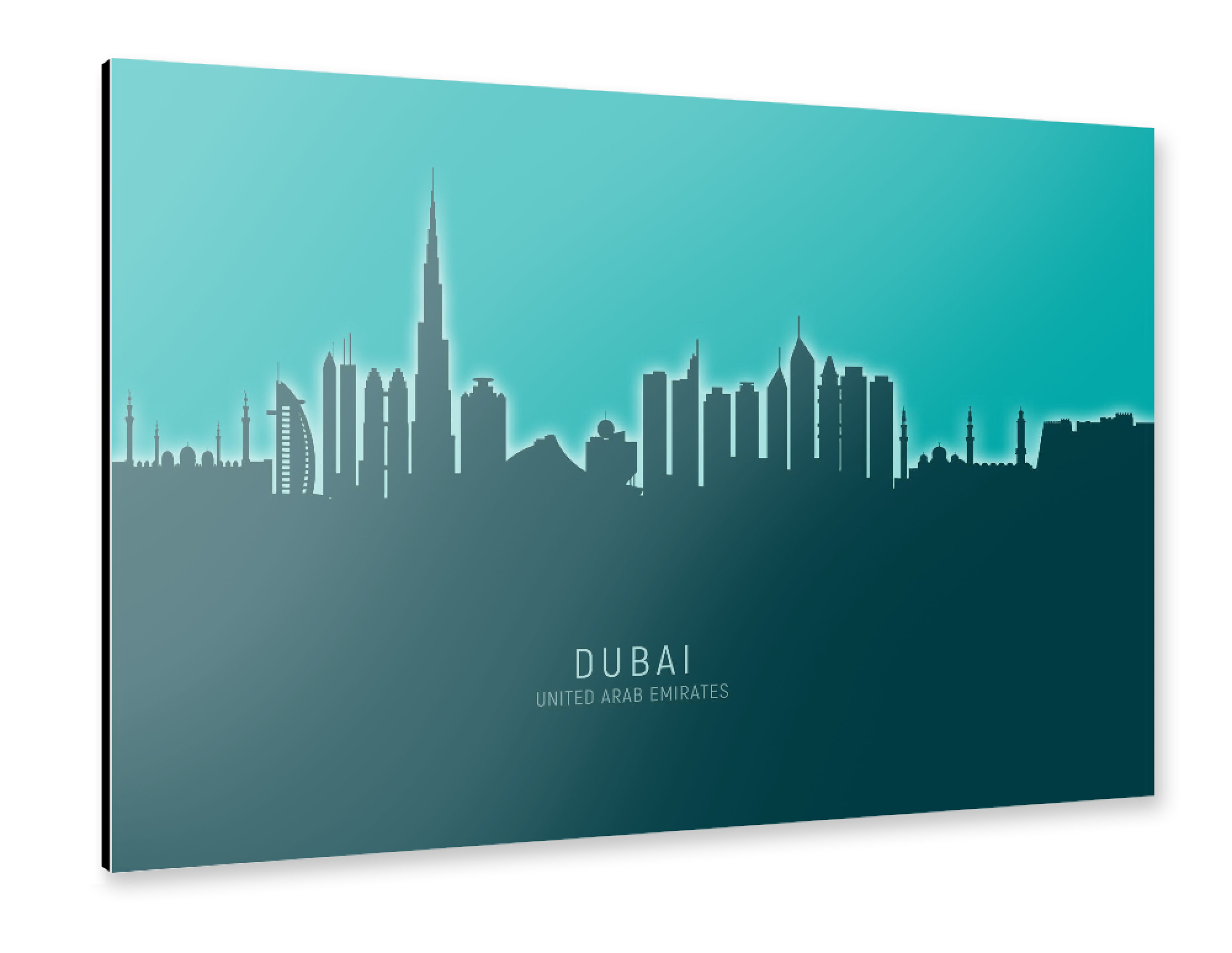 Alu-Dibond "Dubai Skyline Glow Teal" 75x50 cm artboxONE