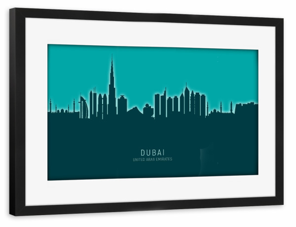 Poster mit Rahmen schwarz "Dubai Skyline Glow Teal" artboxONE - Städte,Städte / Dubai