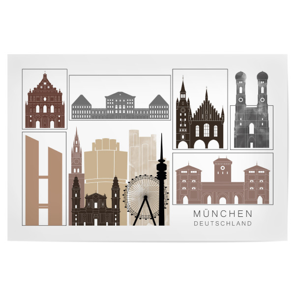 Poster 30x20 cm "Munich skyline, black & brown" artboxONE - Städte,Städte / München,Reise,Architektur,Kartografie