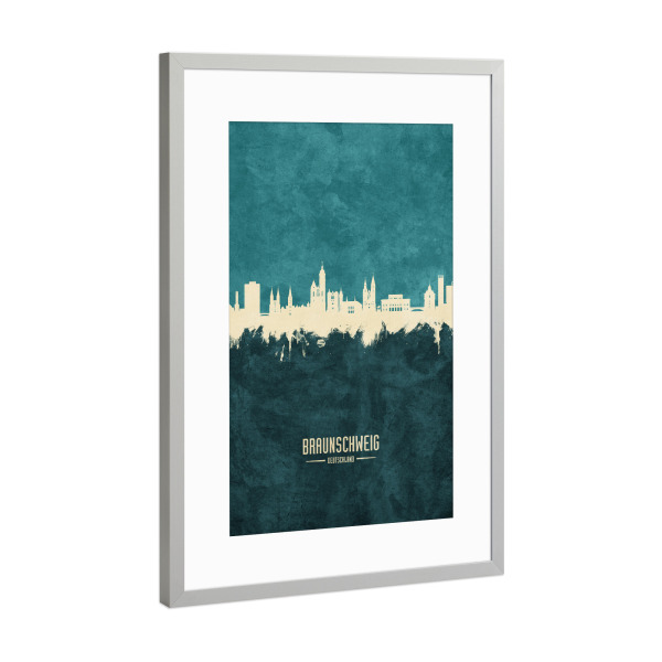 Poster mit Rahmen Silber "Braunschweig Skyline Turquoise" artboxONE - Städte