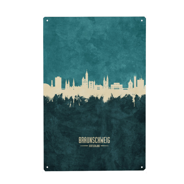 Metall Poster "Braunschweig Skyline Turquoise" artboxONE - Städte - Braunschweig,Deutschland,Skyline,Cityscape,Stadtbild,Watercolor,Germany,City,Stadt