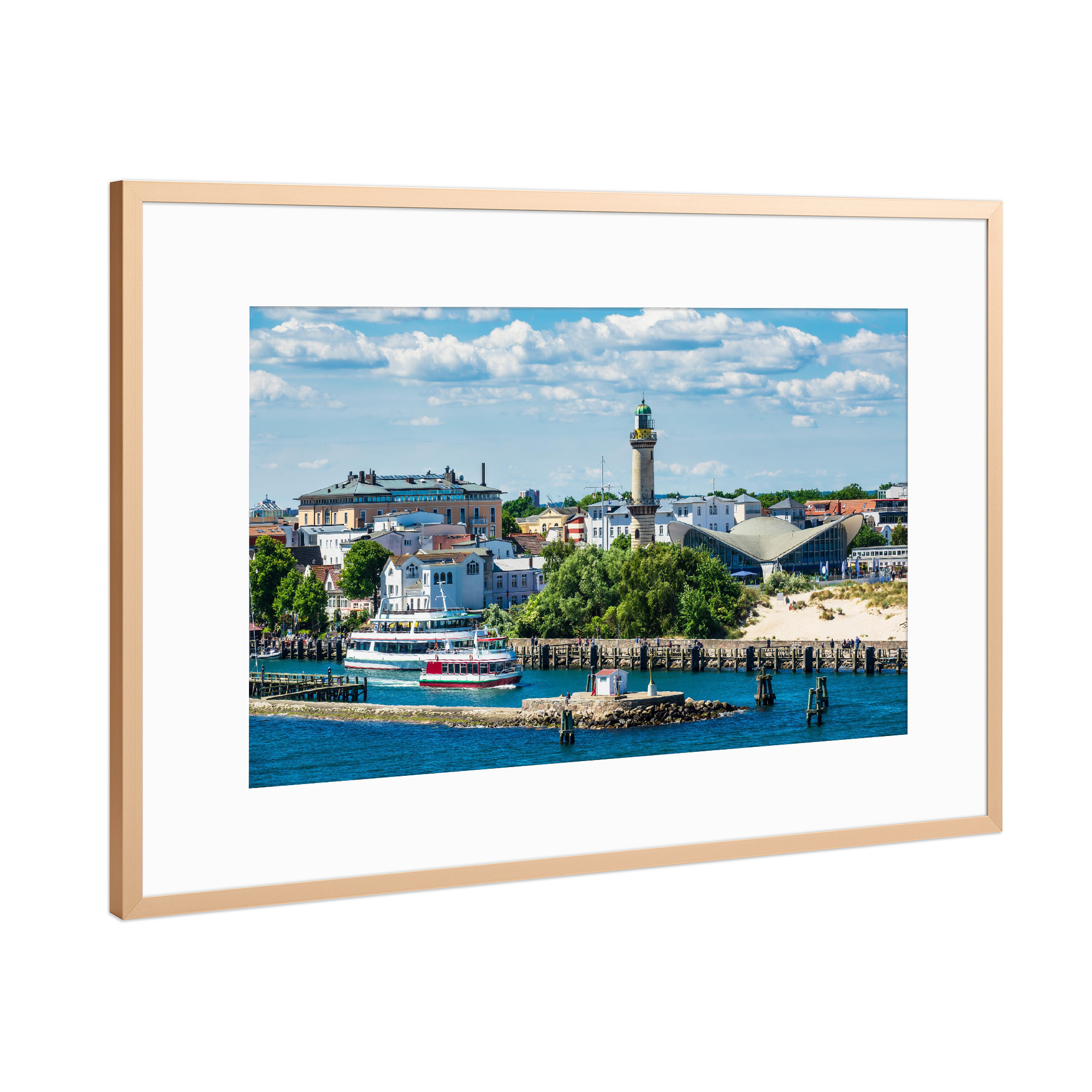Poster mit Rahmen Kupfer "Leuchtturm in Warnemünde" artboxONE - Reise,Architektur,Reise / Strand und Meer