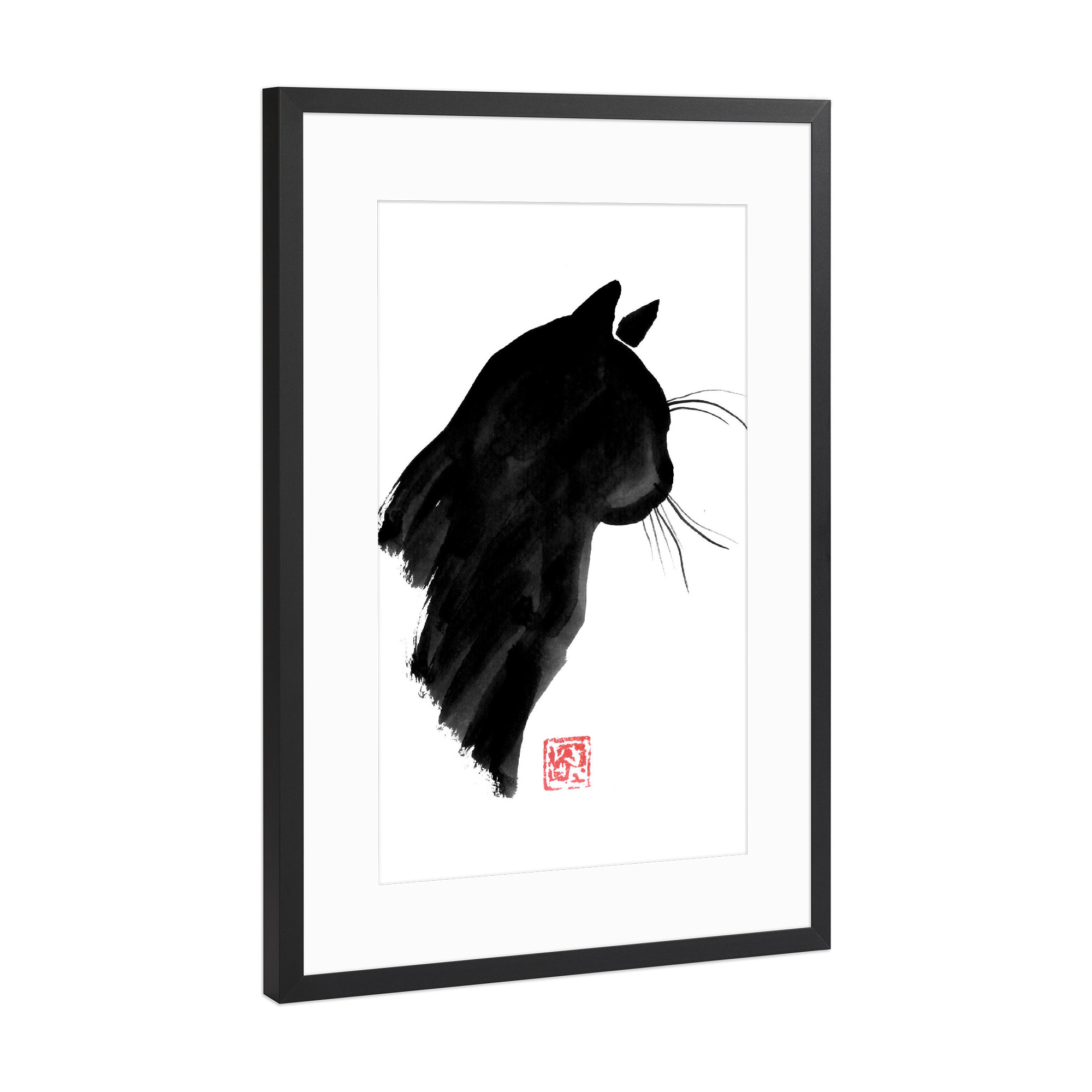 Poster mit Rahmen Schwarz (Metallic) "Black cat profile" artboxONE - Tiere - Cat,Neko,Sumie,Japan,Tier,Animal,Malerei,Abstract,Abstrakt