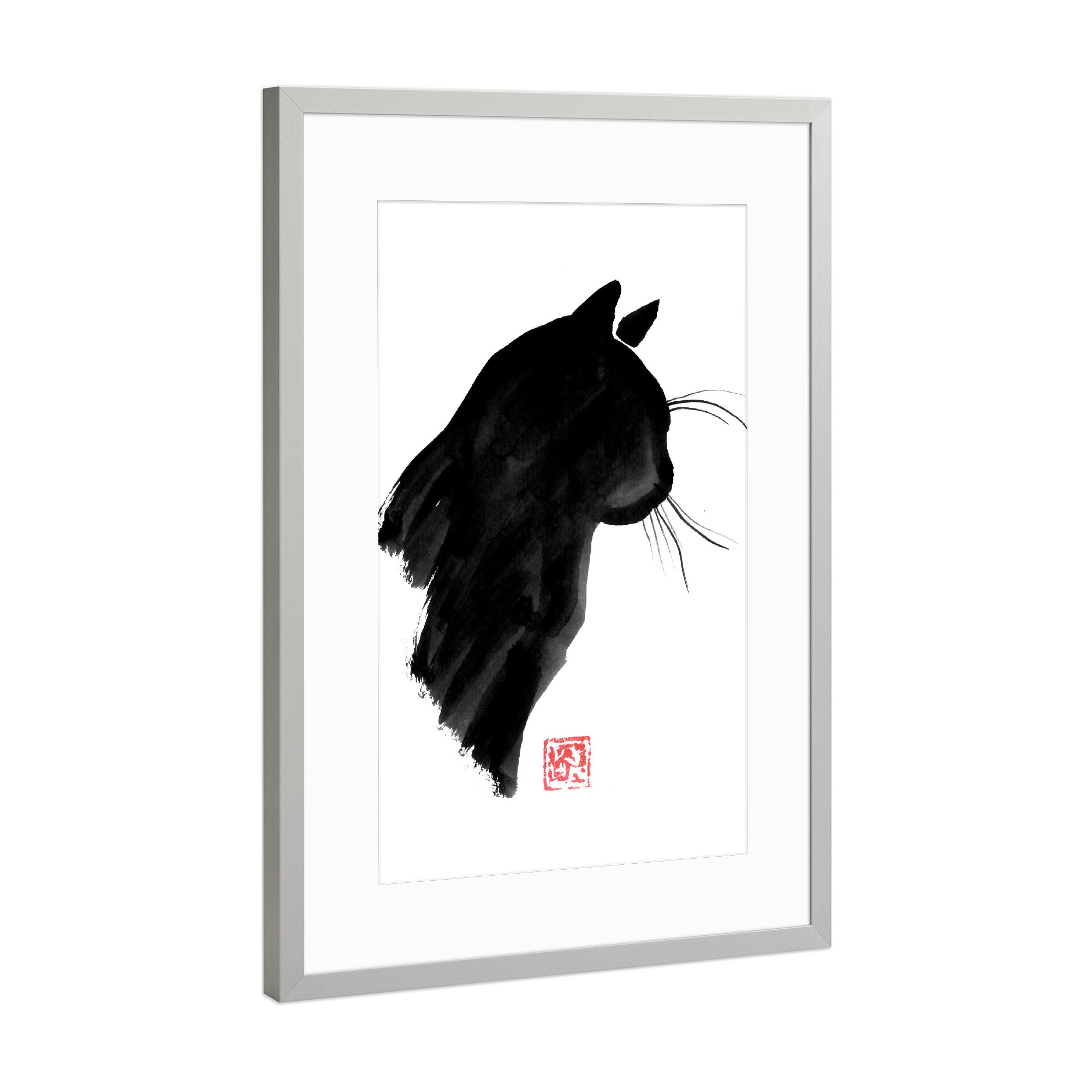 Poster mit Rahmen Silber "Black cat profile" artboxONE - Tiere - Cat,Neko,Sumie,Japan,Tier,Animal,Malerei,Abstract,Abstrakt