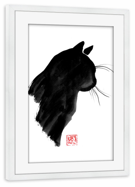 Poster mit Rahmen weiß "Black cat profile" artboxONE - Tiere - Cat,Neko,Sumie,Japan,Tier,Animal,Malerei,Abstract,Abstrakt