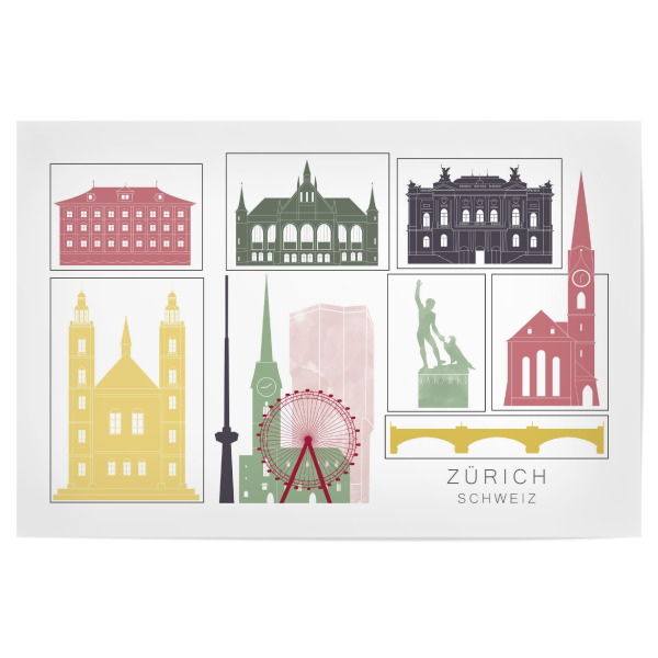 Poster "Zurich skyline burgundy" artboxONE - Städte,Reise,Architektur,Städte / Zürich,Kartografie