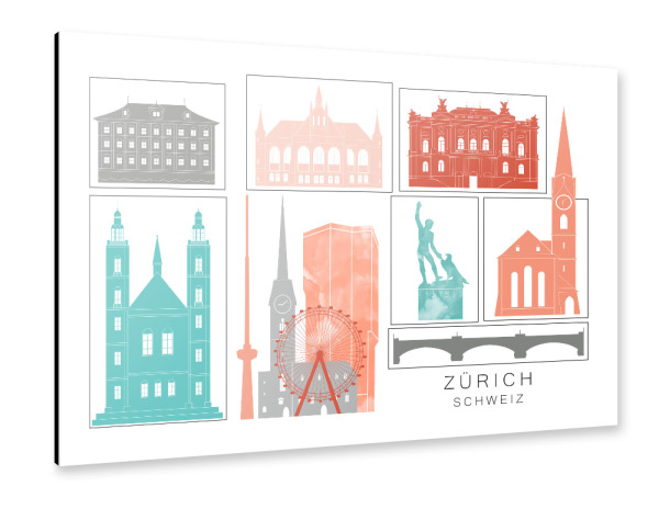 Alu-Dibond "Zurich skyline coral" 30x20 cm artboxONE