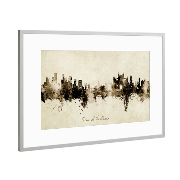 Poster mit Rahmen Silber "Palma de Mallorca Skyline Sepia" artboxONE - Städte
