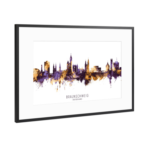 Poster mit Rahmen Schwarz (Metallic) "Braunschweig Skyline PurpleGold" artboxONE - Städte