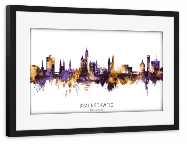 Poster mit Rahmen schwarz "Braunschweig Skyline PurpleGold" artboxONE - Städte
