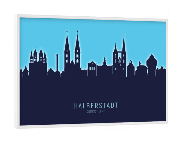 Poster mit weißem Rahmen "Halberstadt Skyline Glow Blue" artboxONE - Städte