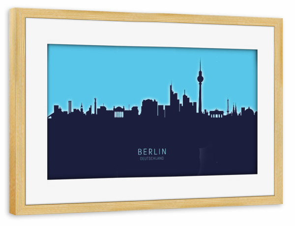 Poster mit Rahmen kiefer "Berlin Germany Skyline Glow Blue" artboxONE - Städte,Städte / Berlin