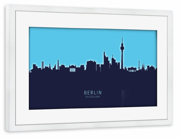 Poster mit Rahmen weiß "Berlin Germany Skyline Glow Blue" artboxONE - Städte,Städte / Berlin