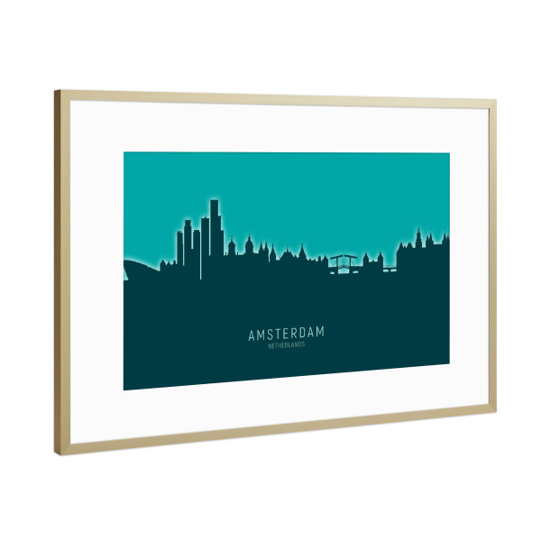 Poster mit Rahmen Gold "Amsterdam Skyline Glow Teal" artboxONE - Städte,Städte / Amsterdam