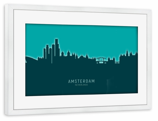 Poster mit Rahmen weiß "Amsterdam Skyline Glow Teal" artboxONE - Städte,Städte / Amsterdam