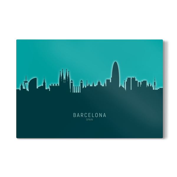 Galerie-Print "Barcelona Spain Skyline Glow Teal" 30x20 cm artboxONE