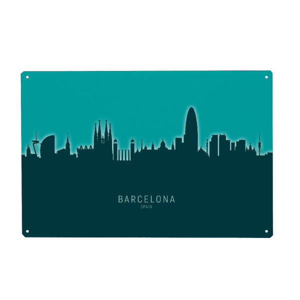 Metall Poster "Barcelona Spain Skyline Glow Teal" artboxONE - Städte,Städte / Barcelona