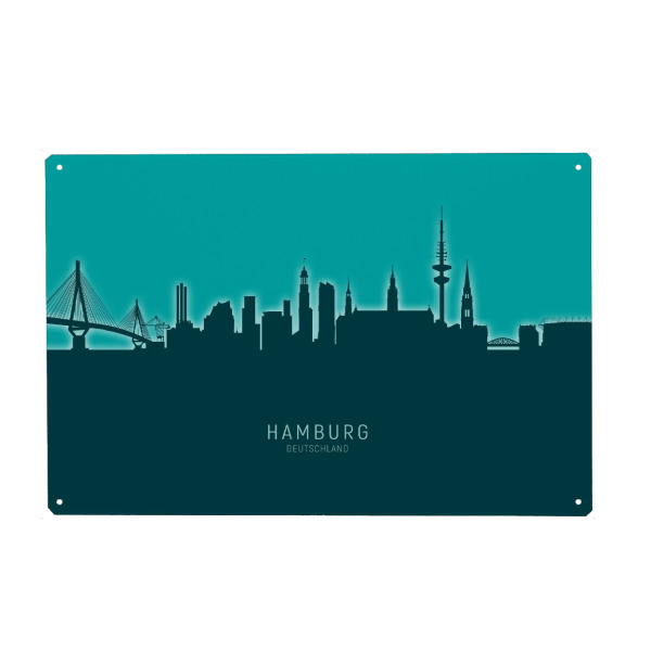 Holzbild "Hamburg Germany Skyline Glow Teal" artboxONE - Städte,Städte / Hamburg