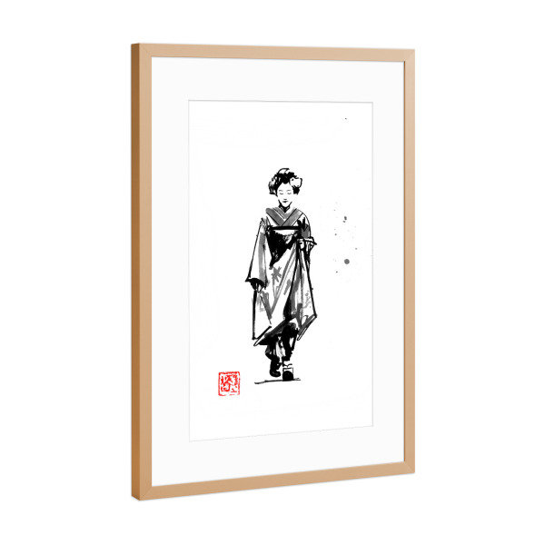 Poster mit Rahmen Kupfer "Geisha walking in the street" artboxONE - Menschen - Geisha,Kimono,Sumie,Japan,Illustration,Malerei