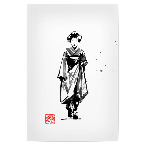 Poster 30x20 cm "Geisha walking in the street" artboxONE - Menschen - Geisha,Kimono,Sumie,Japan,Illustration,Malerei