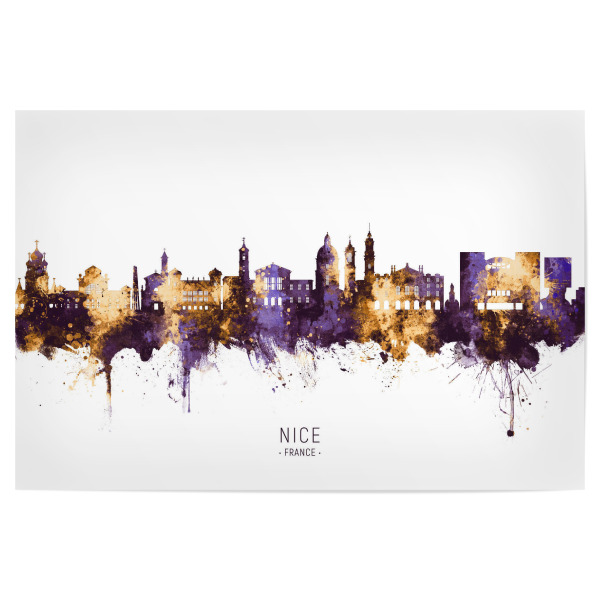 Poster "Nice France Skyline PurpleGold" artboxONE - Städte - Nice,France,Skyline,Cityscape,Stadtbild,Watercolor,Painting,Frankreich,City,Stadt