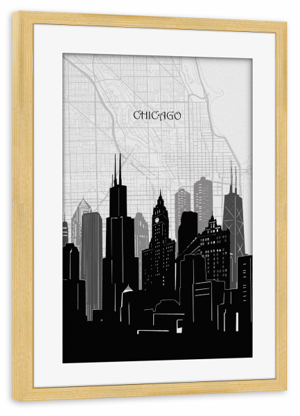 Poster mit Rahmen kiefer "Chicago cityscape map" artboxONE - Städte,Reise,Architektur,Städte / Chicago,Kartografie