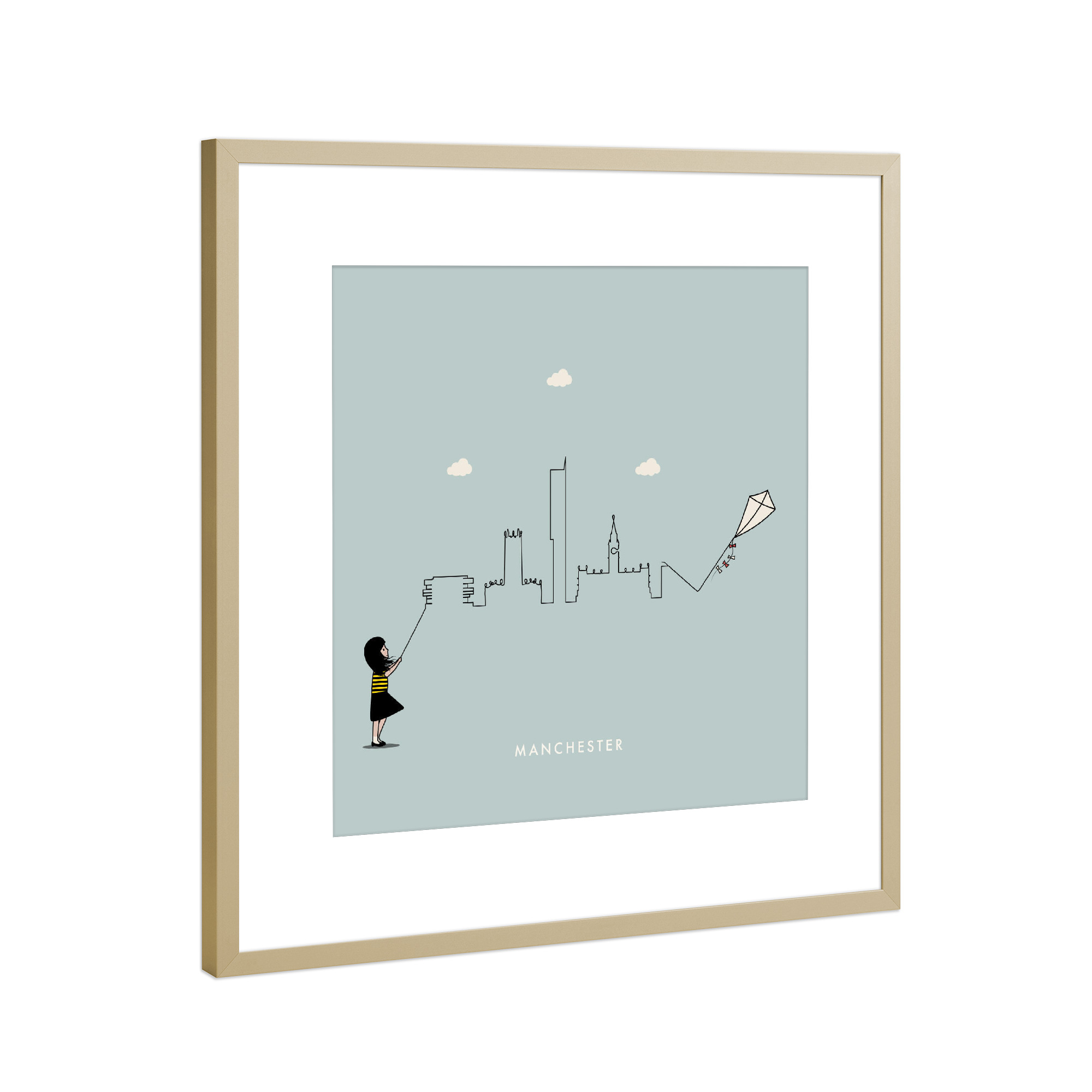 Poster mit Rahmen Gold "Manchester Skyline Kite" artboxONE - Städte,Reise,Für Kinder