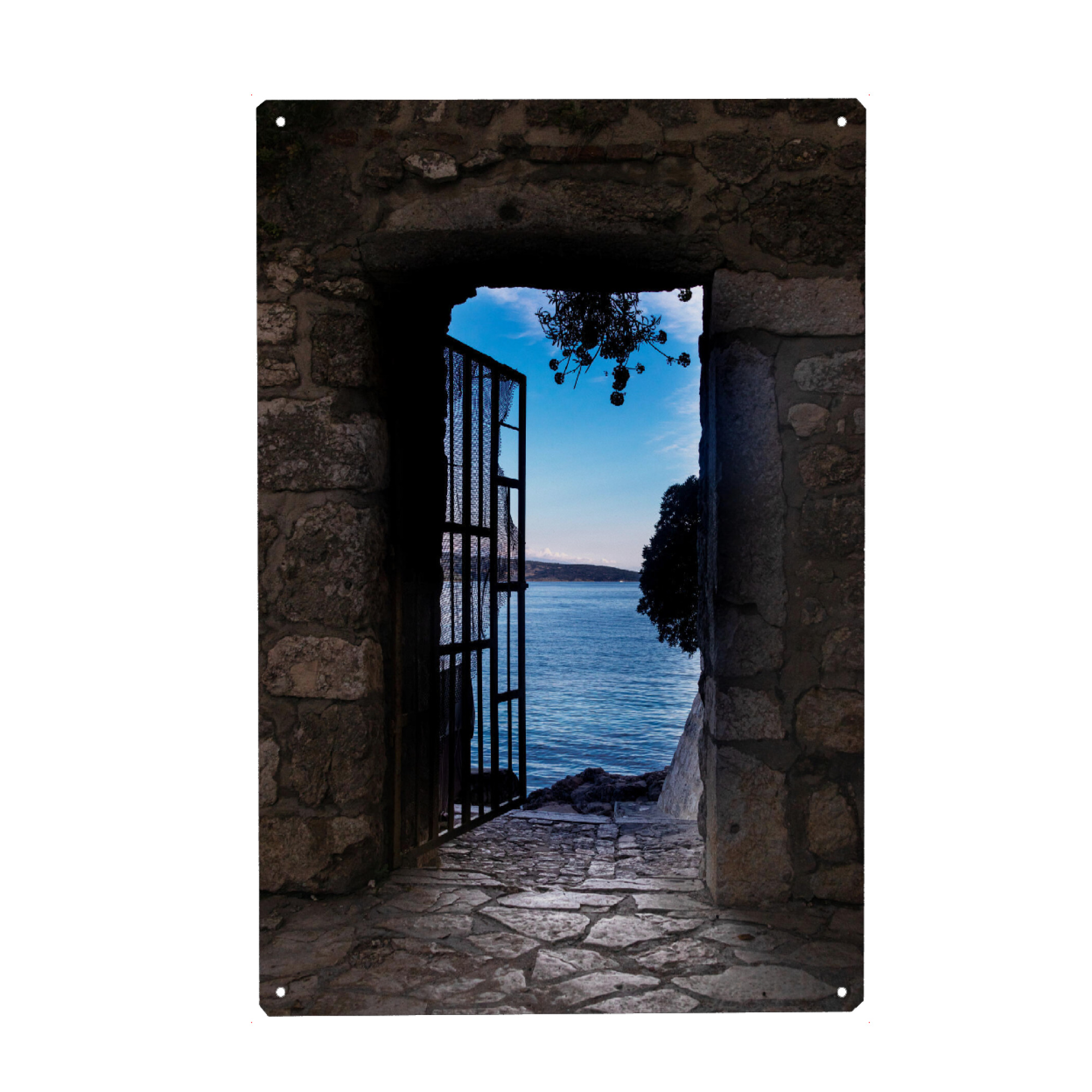 Metall Poster "Tür zum Meer" artboxONE - Architektur,Reise / Strand und Meer,Buchstaben / M,Buchstaben / T