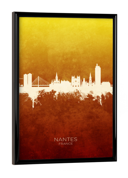 Poster mit schwarzem Rahmen "Nantes France Skyline RedYellow" artboxONE - Städte